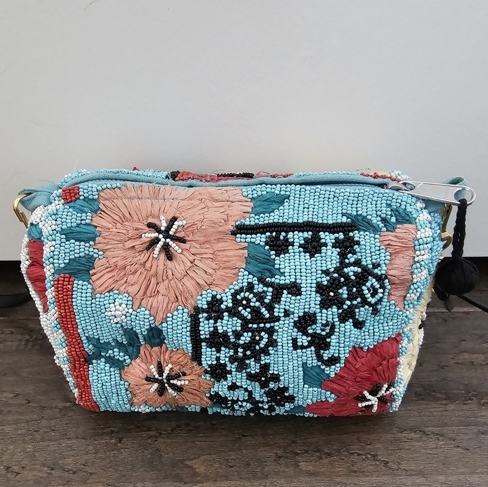 Anthropologie Beaded Floral Pouch in Turquoise, Coral, Black